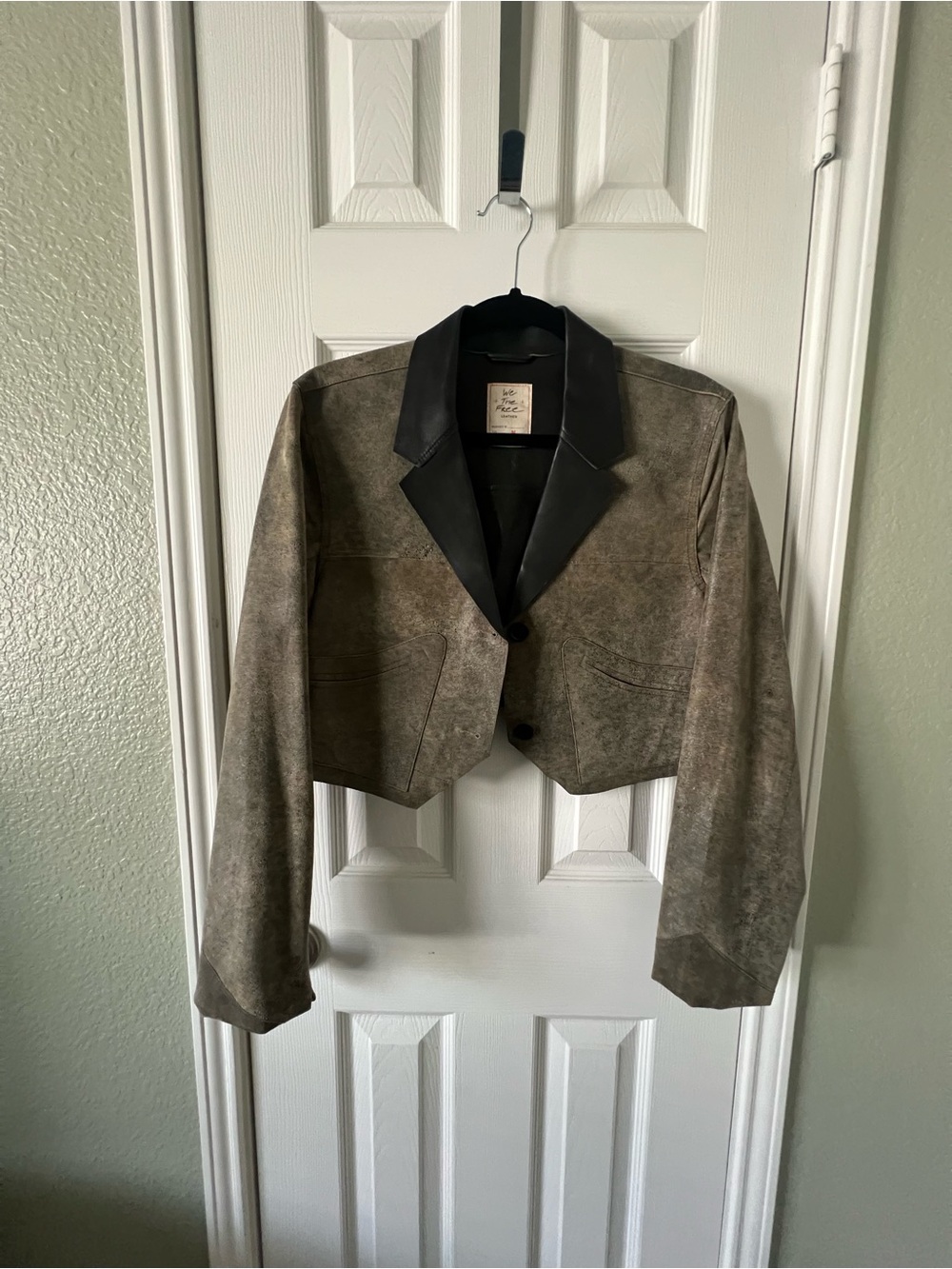 We The Free Cropped Suede-Look Jacket with Black Contrast Collar - Taupe